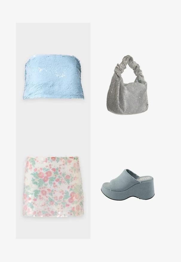 Top sin tirantes de color azul claro, hecho de tela con lentejuelas. Presenta una superficie texturizada con lentejuelas redondas superpuestas para mayor brillo.; Tela blanca con un estampado floral de flores en tonos pastel de rosa y verde, que presenta una superficie texturizada y sutiles lentejuelas a lo largo del borde inferior.; Chancla de plataforma de color azul claro con parte superior de tela deshilachada, diseño de punta abierta, suela gruesa y redondeada, y suela gris texturizada.; Hey Kyla Bolso de mano - silber