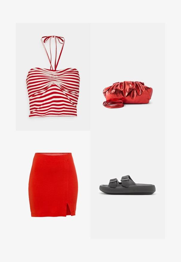 Pieces PCLAYA CROPPED TIE TUBE - Top - high risk red/bright white; Rød strikket nederdel med en tætsiddende pasform, der har en sideslids og en kant, der sidder lige over midt-lår. Glat tekstur, enkel konstruktion.; Sorte gummisandaler med en struktureret overflade, to justerbare remme og en flad sål. Letvægtsdesign, der er velegnet til afslappet brug.; Rød metallisk håndtaske med en samlet, puffy design. Har en lang, tynd skulderrem og en glat, blank tekstur.
