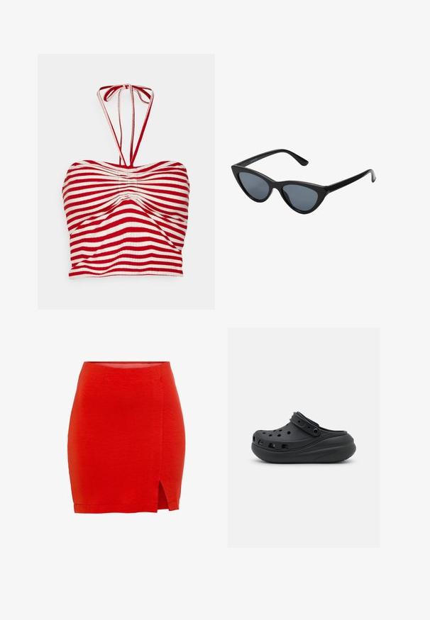 Pieces PCLAYA CROPPED TIE TUBE - Top - high risk red/bright white; Rød strikket nederdel med en tætsiddende pasform, der har en sideslids og en kant, der sidder lige over midt-lår. Glat tekstur, enkel konstruktion.; Sorte gummiklipper med ventilationshuller, hævet hæl og justerbar rem. Glat tekstur og rund form.; Sorte katteøje solbriller med mørkegrå linser, slankt plastisk stel, spidse hjørner og lige stænger. Ingen synlig hardware eller dekorationer.
