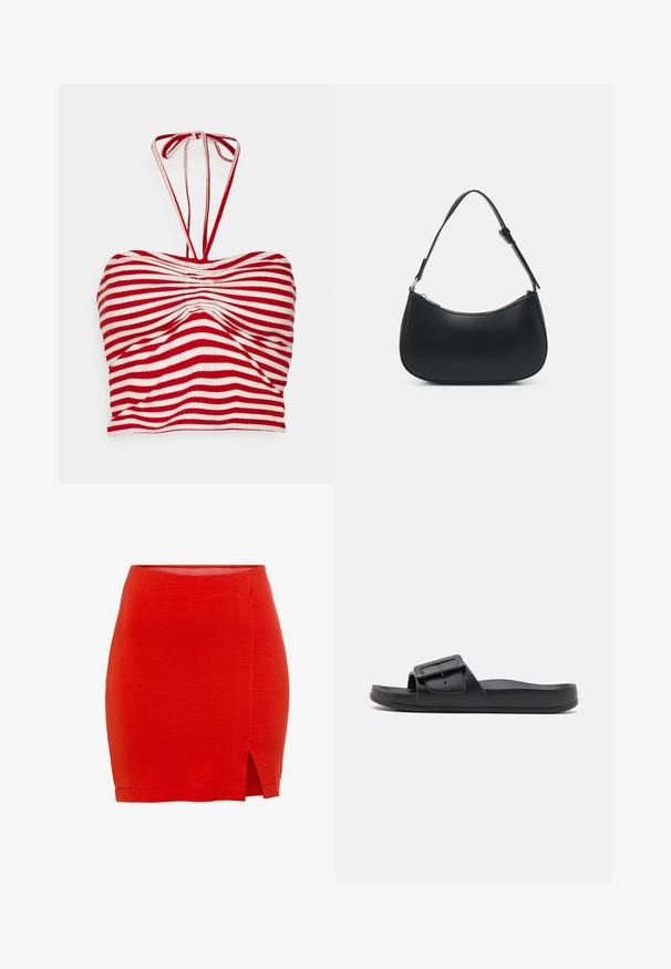 Pieces PCLAYA CROPPED TIE TUBE - Top - high risk red/bright white; Rød strikket nederdel med en tætsiddende pasform, der har en sideslids og en kant, der sidder lige over midt-lår. Glat tekstur, enkel konstruktion.; Sort sklidesandal med bred rem, justerbart spænde, flad sål og glat mat tekstur. Enkel design uden ekstra mønstre.; Pieces PCALUANA SHOULDER BAG - Håndtasker - black