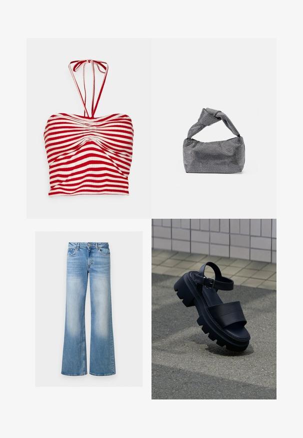 Pieces PCLAYA CROPPED TIE TUBE - Top - high risk red/bright white; Jeans de mezclilla azul claro acampanados con una textura desteñida, cintura alta y diseño de cinco bolsillos, con cierre de botón y cremallera.; Sandalia negra con suela gruesa, tiras anchas y hebilla en el tobillo, sobre pavimento gris cerca de una pared con azulejos.; Bolso de mano negro y plateado con una superficie texturizada que presenta un patrón de diamante, un asa anudada y una forma estructurada.