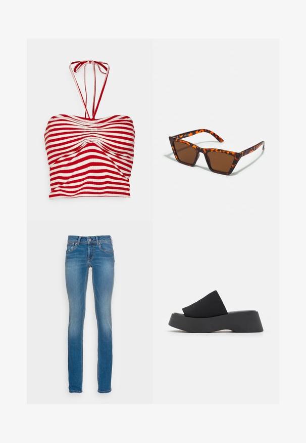 Pieces PCLAYA CROPPED TIE TUBE - Top - high risk red/bright white; Svetlomodré džíny s priliehavým strihom, piatimi vreckami a kontrastným oranžovým šitím, s uzatváraním na gombík a zips.; Call it Spring VENISE B.E.D FOAM - Šľapky na opätku - black; Hnedé slnečné okuliare s motívom korytnačiny, ostré rámy a štíhle nožičky. Ľahký plastový materiál.
