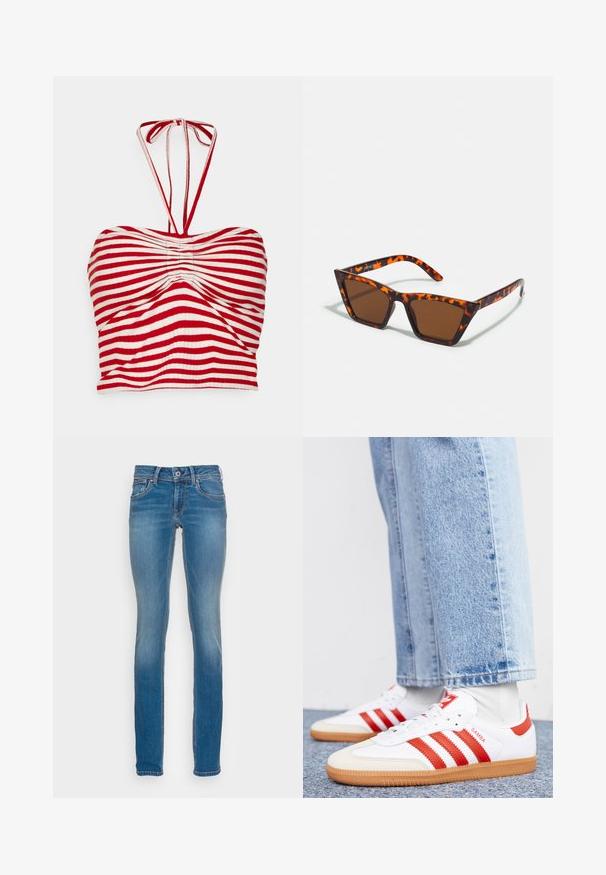 Pieces PCLAYA CROPPED TIE TUBE - Μπλούζα - high risk red/bright white; Ανοιχτό μπλε τζιν παντελόνι με σφιχτή εφαρμογή, πέντε τσέπες και αντίθετη πορτοκαλί ραφή, φέρει κλείσιμο με κουμπί και φερμουάρ.; Λευκά δερμάτινα sneakers με κόκκινες ρίγες και λεπτομέρειες. Διαθέτουν υφασμάτινη εξωτερική σόλα από καουτσούκ και ενισχυμένο κολάρο. Φοριούνται με ανοιχτό μπλε τζιν.; Καφέ ηλιακά γυαλιά με σχέδιο καμουφλάζ χελώνας, γωνιακό σκελετό και λεπτά μπράτσα. Ελαφρύ πλαστικό υλικό.