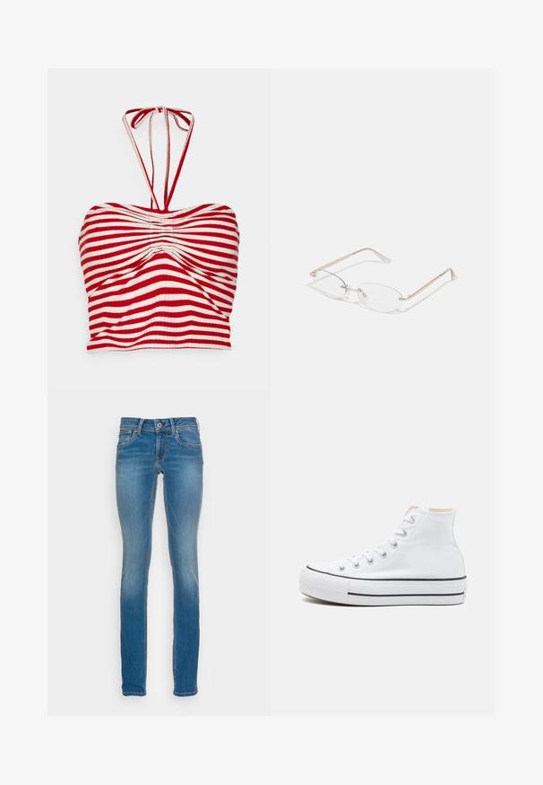 Pieces PCLAYA CROPPED TIE TUBE - Topp - high risk red/bright white; Heledad helesinised teksad kitsaste lõigetega, viie taskuga ja kontrastsete oranžide õmblustega, varustatud nupuga ja tõmblukuga kinnitusega.; Valged kõrged tossud, millel on tekstiilmaterjal, must kummist tallat ja kontrastne must riba keskosas. Ümar varbakiht ja nöörimise disain.; Kuldne metallist prillid ovaalsete läätsede, kitsaste sanga ja selgete nina padjadega. Omab tagasihoidlikke hinge aktsente ja läbipaistvaid läätsi.