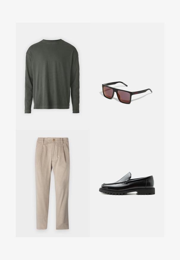 DRYKORN MARRIO - Langærmet T-shirt - grey; Beige kordfløjspants med elastisk talje, knaplukning og plisseelementer, har et lige ben-design og struktureret stof.; Sort læderloafer med chunky gummisål, syet overdel og præget mærkenavn på hælen, vist i sideprofil på hvid baggrund.; Sorte rektangulære solbriller med mørkerøde linser, med en mat finish og rød logo på stangen. Solid plastikramme.