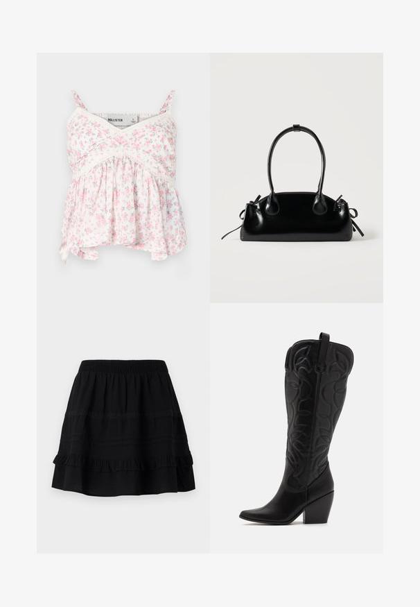 Floral Top mit weißem Hintergrund und pinken sowie grünen Blumen, Spitzendetails, figurbetontem Oberteil und einem lockeren, fließenden Saum.; Schwarzer Baumwollrock mit einem gestuften Rüschendesign, ausgestattet mit einem elastischen Bund und Verzierungen aus kontrastierenden Nähten und Spitzenbändern.; Schwarze kniehohe Stiefel aus Leder mit spitz zulaufender Zehenpartie und gestapeltem Absatz. Verfügt über dekorative Nähte und geschwungene Designelemente.; Kleine schwarze glänzende Handtasche mit zwei langen Griffen und seitlichen Kordelzug-Details vor einfachem hellem Hintergrund.