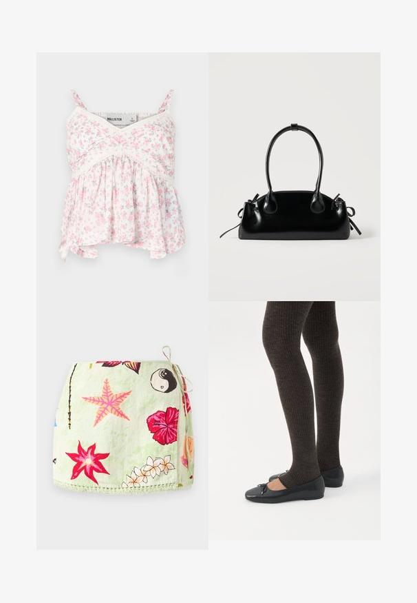 Débardeur floral avec un fond blanc orné de fleurs roses et vertes, des accents en dentelle, un corsage ajusté et un bas fluide et ample.; Jupe portefeuille vert clair avec lien sur le côté, ornée d’imprimés d’étoiles de mer roses, de fleurs d’hibiscus rouges, de plumerias blancs et du symbole yin-yang.; Jambes portant des leggings côtelés foncés associés à des ballerines noires avec de petits détails en nœud sur fond blanc.; Petit sac à main noir brillant avec deux longues anses et des détails à cordon sur les côtés sur un fond clair uni.