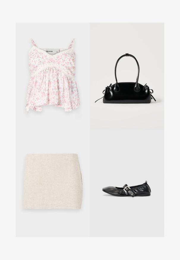 Blomster tanktop med hvid baggrund og pink og grønne blomster, blonde detaljer, en tætsiddende overdel og en løs, svævende bundkant.; Beige linnedyr med et minimalistisk design, der har en glat tekstur og en subtil vævning. Det har en lige, simpel skæring uden synlige lukninger.; Sorte læder flade sko med spids tå, samling detaljer omkring åbningen, og en sølv spænde accent på den justerbare rem.; Lille sort blank håndtaske med to lange håndtag og snøre-detaljer i siden på en ensfarvet lys baggrund.