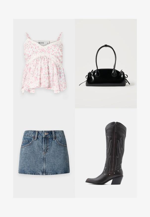 Blomster tanktop med hvid baggrund og pink og grønne blomster, blonde detaljer, en tætsiddende overdel og en løs, svævende bundkant.; Denim mini nederdel i middelblå vask, med en tætsiddende talje, forlommer og subtile syninger. Glat, struktureret stoffinish.; Brune læder cowboystøvler med flammebroderi, sidelukning med lynlås, sølvnitter, spids snude og lagdelt hæl.; Lille sort blank håndtaske med to lange håndtag og snøre-detaljer i siden på en ensfarvet lys baggrund.
