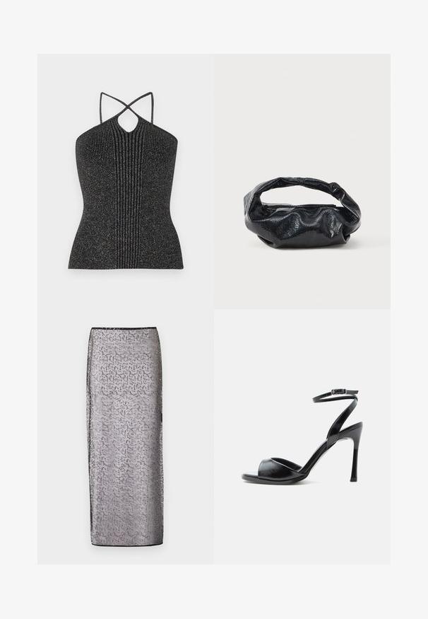 Top negro sin mangas con escote en forma de ojal, que presenta tirantes cruzados y una textura acanalada, realzada con hilo metálico para un brillo especial.; Larga falda ajustada de tejido plateado transparente con un patrón sutil y acentos brillantes. Presenta una cinturilla y un dobladillo negros.; Sandalia negra de tacón alto con puntera abierta, tacón de aguja delgado y correa en el tobillo con hebilla sobre fondo blanco.; Bolso negro hecho de un material brillante y texturizado con un asa circular retorcida y un cierre de cremallera. Presenta un diseño suave y arrugado.