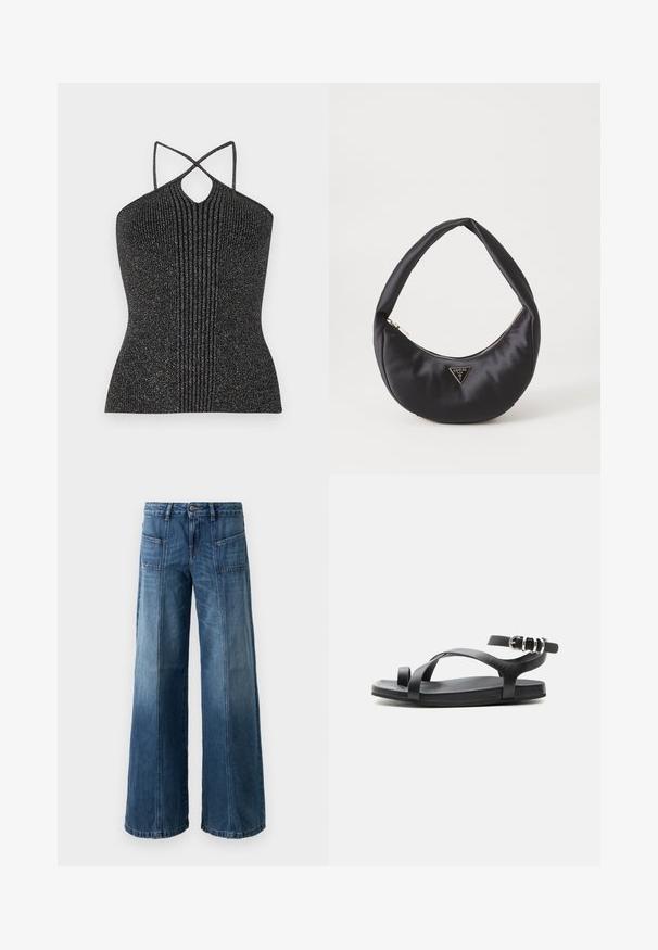 Zwarte mouwloze top met een keyhole-halslijn, voorzien van kruislingse schouderbanden en een ribbelstructuur, verrijkt met metallic garen voor glans.; Wijd been jeans in een vervaagde blauwe denim. Voorzien van vijf zakken, een knoop- en ritssluiting, met zichtbare stiksels en een losse pasvorm.; Zwarte platte sandaal met dunne teenlus, gekruiste bandjes en verstelbare enkelband met zilveren gesp, afgebeeld tegen een effen achtergrond.; Zwarte satin handtas met een gebogen vorm, voorzien van een ritssluiting en een driehoekig metalen logo aan de voorkant. Gladde textuur en een slank ontwerp.