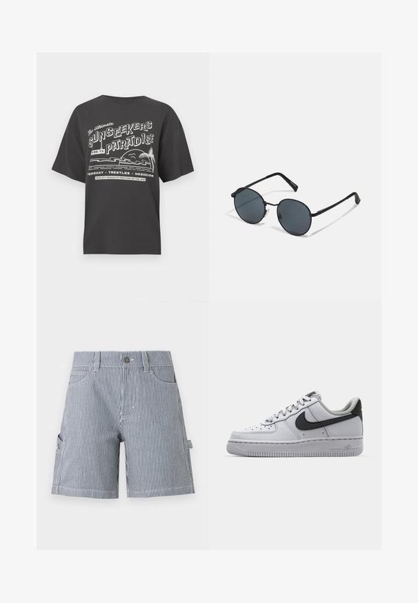 T-shirt en coton noir avec un graphisme blanc comprenant du texte et des images de plage, notamment des palmiers et des vagues. Coupe décontractée et col rond.; Shorts mi-longs à rayures verticales bleues et blanches avec passants pour ceinture, bouton à l'avant, poches latérales et une petite boucle latérale.; Sneaker en cuir blanc avec accents gris, bout rond, surface texturée, col rembourré et logo swoosh noir contrastant. Semelle avec coussin d'air.; Lunettes de soleil en métal noir avec des verres ronds, teintés foncés, branches fines et plaquettes de nez réglables, arborant un design minimaliste sans logo visible.