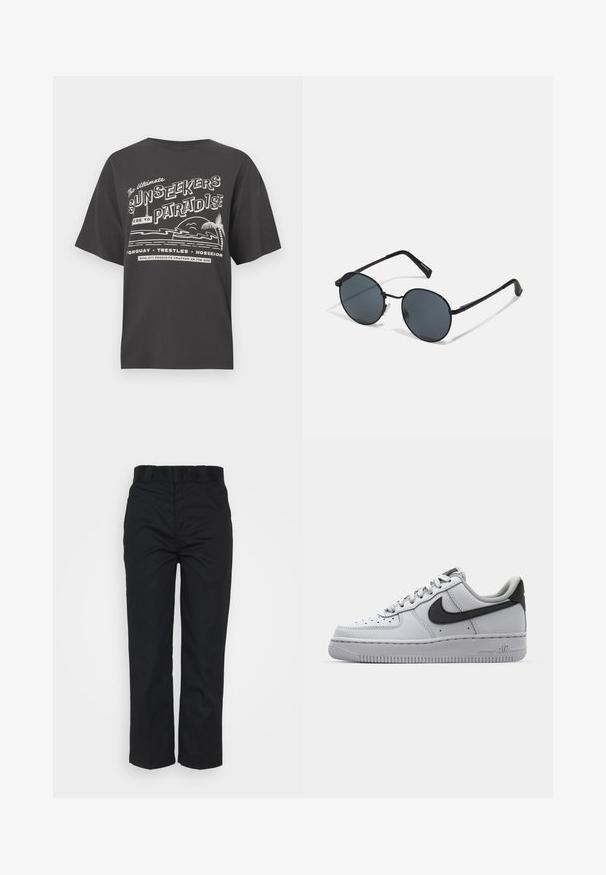 T-shirt en coton noir avec un graphisme blanc comprenant du texte et des images de plage, notamment des palmiers et des vagues. Coupe décontractée et col rond.; Pantalons noirs avec une coupe droite, dotés de passants de ceinture, d'une texture lisse et d'une finition propre. Pas de motifs ou d'accents visibles.; Sneaker en cuir blanc avec accents gris, bout rond, surface texturée, col rembourré et logo swoosh noir contrastant. Semelle avec coussin d'air.; Lunettes de soleil en métal noir avec des verres ronds, teintés foncés, branches fines et plaquettes de nez réglables, arborant un design minimaliste sans logo visible.