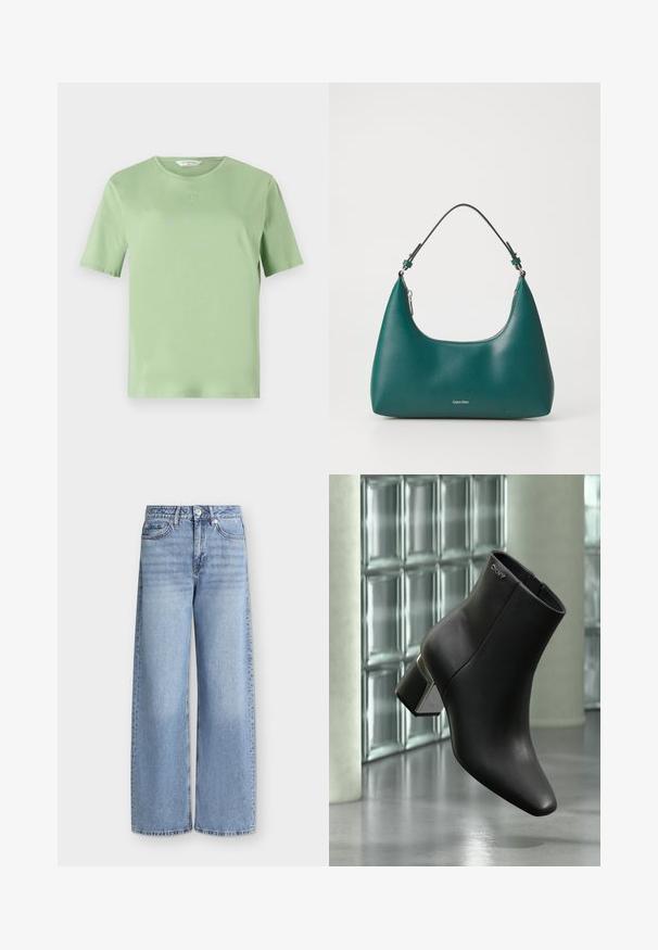 Helle grüne Kurzarm-T-Shirt aus weichem Stoff. Hat einen Rundhalsausschnitt und ein kleines eingeprägtes Logo auf der Brust. Einfaches Design.; Hellblaue Jeans mit weitem Bein, vorderen Taschen, Gürtelschlaufen, Knopfverschluss und verblassten Details an den Oberschenkeln.; Schwarzer Leder-Stiefelette mit Blockabsatz, DKNY-Logo nahe oben, dargestellt vor einer Glasblockwand und poliertem Betonboden.; Teal Handtasche mit einer geschwungenen Form und einem Schultergurt, mit einem dezenten Calvin Klein Logo auf der Vorderseite vor einem schlichten weißen Hintergrund.