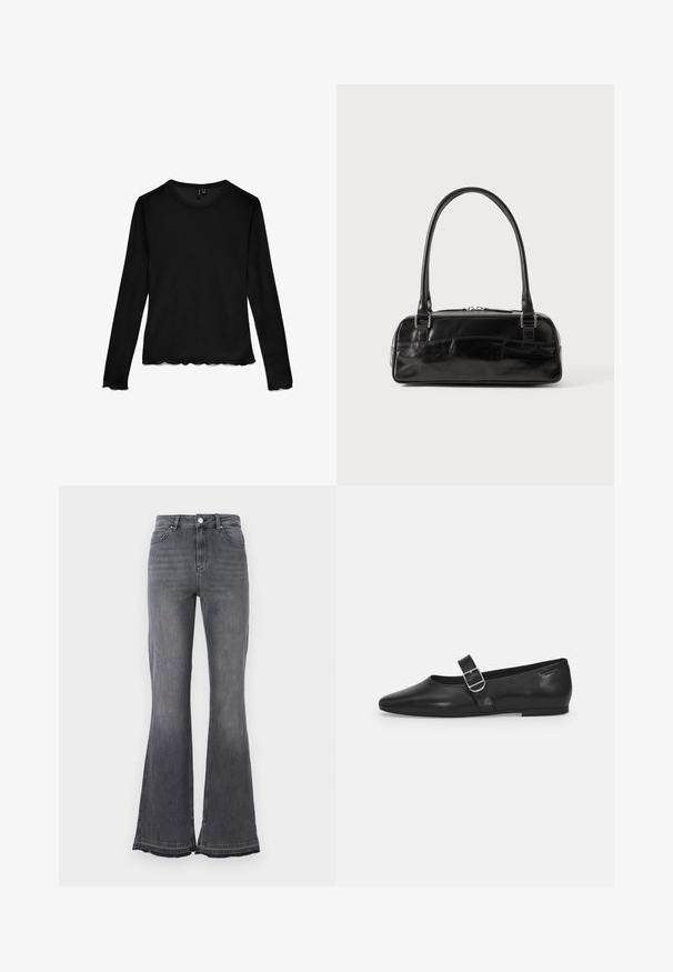 Chemise noire à manches longues avec col ras du cou, bords festonnés aux manches et à l'ourlet, posée à plat sur un fond blanc.; Jean flare taille haute en denim noir délavé. Doté d'une fermeture par bouton, d'un design à cinq poches et de détails à ourlet effiloché.; Chaussure plate en cuir noir avec un bout arrondi, une seule sangle réglable à boucle et une texture lisse et brillante. Design minimaliste avec un petit talon.; Sac à main en cuir noir de forme rectangulaire, doté d'une seule ansse structurée, de quincaillerie argentée et d'une fermeture éclair. Texture lisse.