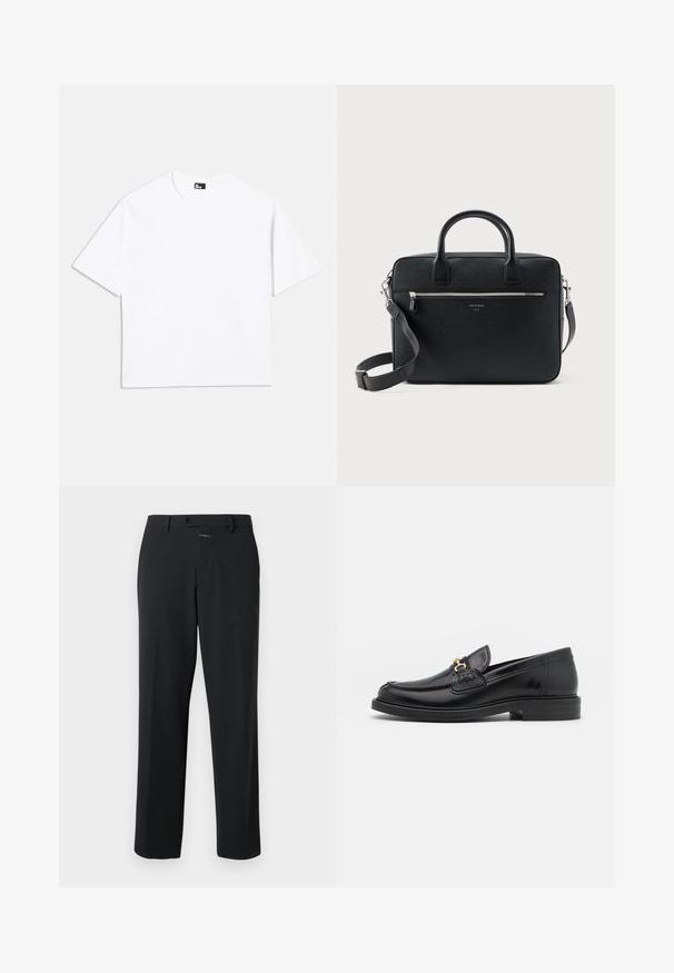 T-shirt blanc à manches courtes en coton. Présente un col rond classique, une coupe décontractée et aucun motif ni graphique visible.; Pantalon noir à coupe droite, en tissu lisse. Il présente une fermeture à bouton à l'avant et des détails de couture subtils. Conception simple sans motifs.; Mocassins en cuir noir avec un embout rond, présentant des accents en métal doré et des détails de couture, montés sur une semelle en caoutchouc texturé et basse.; Serviette rectangulaire en cuir noir texturé avec double poignée, poche avant zippée et bandoulière réglable présentée sur fond blanc.