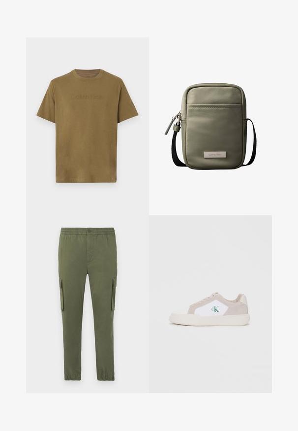 T-shirt en coton à manches courtes vert olive avec logo "Calvin Klein" embossé sur la poitrine, col rond et coupe décontractée.; Pantalons cargo de couleur vert olive, fabriqués à partir d'un tissu léger. Comprend une taille élastique, une fermeture à bouton et des poches latérales zippées.; Baskets blanches et beiges, composées de daim et de toile, avec un design superposé, un bout arrondi, un système de laçage et un détail de logo vert.; Sac bandoulière compact vert olive avec poche avant, sangle noire réglable, fermeture zippée et plaque logo Calvin Klein.