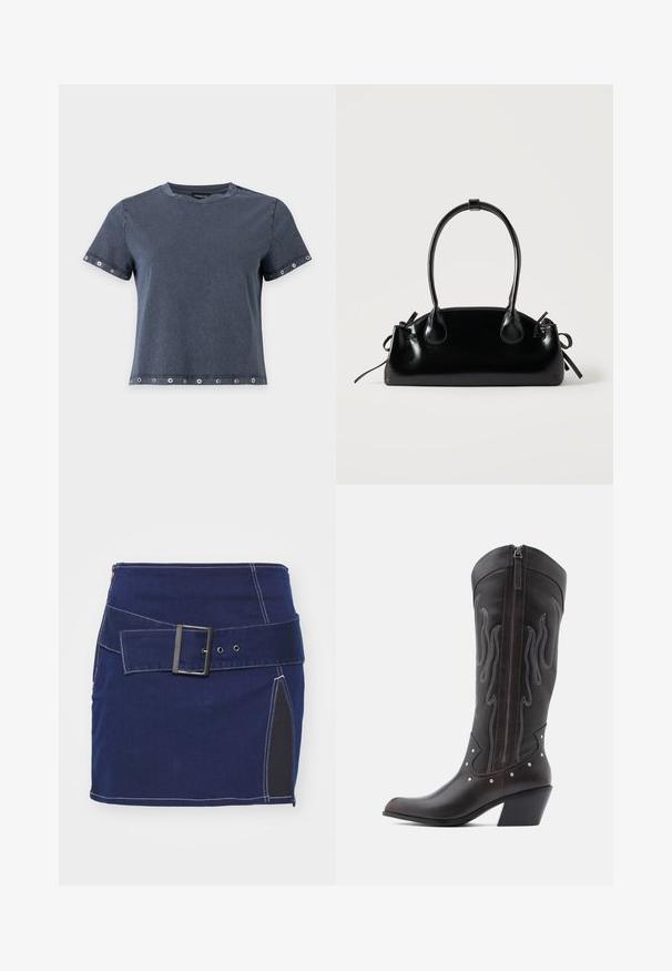 Donkergrijze T-shirt met korte mouwen en metalen oogjes op mouwen en zoom, ronde hals en een relaxte pasvorm.; Marineblauwe denimrok met witte stiksels, voorzien van een brede riem met een vierkante gesp en een zijpaneel van zwarte stof.; Bruine leren cowboylaarzen met vlamstiksels, zijrits, zilveren studs, spits toelopende neus en gestapelde hak.; Kleine zwarte glanzende handtas met twee lange hengsels en zijkant trekkoord details op een effen lichte achtergrond.