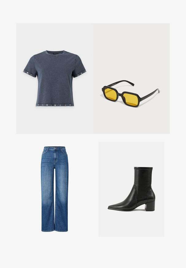T-shirt gris foncé à manches courtes avec œillets métalliques aux manches et à l'ourlet, col rond et coupe décontractée.; Jeans en denim bleu à jambe large avec taille haute, présentant des zones décolorées, un design traditionnel à cinq poches et une fermeture à bouton à l'avant.; Bottine noire en cuir lisse, avec un bout pointu, un talon carré et des coutures surélevées distinctes au bord supérieur.; Lunettes de soleil rectangulaires noires avec des verres jaunes. Les caractéristiques incluent des montures épaisses et un design anguleux avec une finition lisse et brillante.