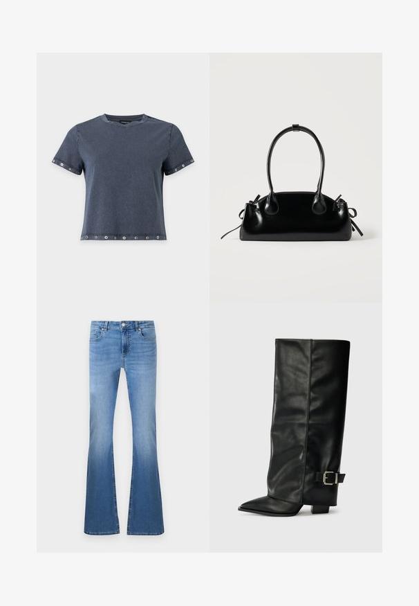 T-shirt gris foncé à manches courtes avec œillets métalliques aux manches et à l'ourlet, col rond et coupe décontractée.; Jeans évasés bleu clair avec une finition délavée, dotés d'une fermeture à bouton et à glissière à l'avant, de cinq poches et de détails de couture visibles.; Bottes noires en cuir longueur cheville avec un bout pointu, texture lisse et une accent en boucle argentée sur le côté. Talon carré épais.; Petit sac à main noir brillant avec deux longues anses et des détails à cordon sur les côtés sur un fond clair uni.