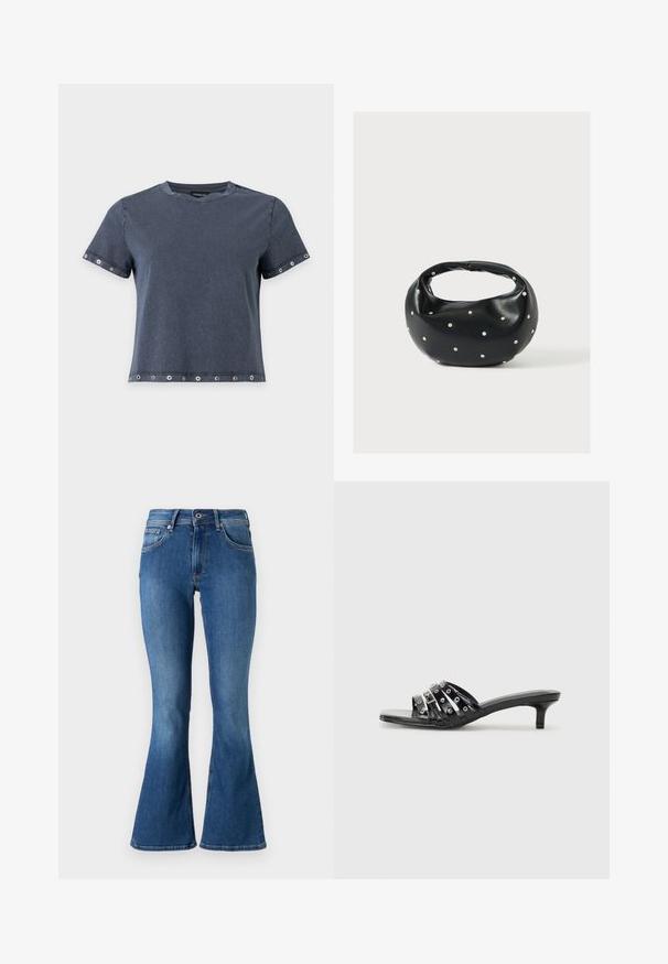 Camiseta de manga corta de color gris oscuro con detalles de ojales metálicos en las mangas y el dobladillo, cuello redondo y ajuste relajado.; Jeans de denim azul acampanados con una cintura de altura media, que cuentan con cinco bolsillos, un cierre de botón y un ligero desgastado a lo largo de las piernas.; Sandalias negras de tacón con múltiples correas brillantes y acentos metálicos, con punta afilada y tacones de kitten modestos. Textura suave.; Bolso de mano de cuero negro con forma redondeada, decorado con detalles de tachuelas plateadas y un asa corta. Textura lisa y cierre con cremallera.