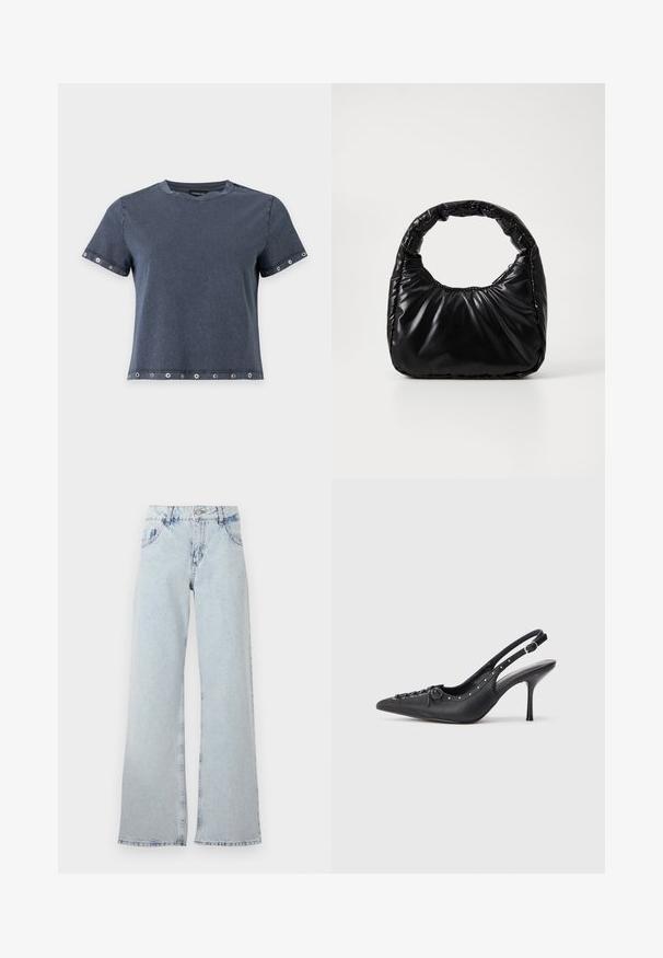 Camiseta de manga corta de color gris oscuro con detalles de ojales metálicos en las mangas y el dobladillo, cuello redondo y ajuste relajado.; Jeans de pierna ancha de color azul claro, hechos de mezclilla, con una cintura alta, trabillas para el cinturón, cinco bolsillos y áreas desteñidas para un aspecto vintage.; Sandal de tacón stiletto negro de cuero con punta afilada, correa lateral con hebilla, tachuelas a lo largo del borde y cordones decorativos en la parte delantera.; Bolso negro acolchado con un asa redondeada, que presenta una superficie lisa y brillante y una textura suave y acolchada. Sin herrajes ni acentos visibles.