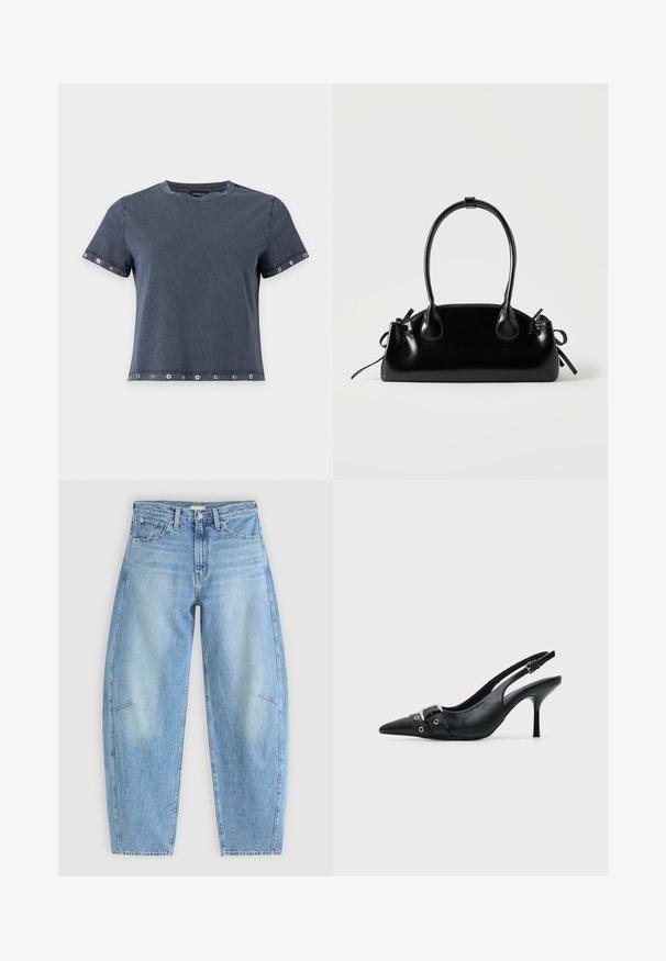 Donkergrijze T-shirt met korte mouwen en metalen oogjes op mouwen en zoom, ronde hals en een relaxte pasvorm.; Lichtblauwe denim jeans met een relaxte pasvorm, met een hoge taille, rechte pijpen en subtiele stiksels op de voorzakken.; Zwarte leren pumps met hoge hak en slingback, met een puntige neus en een gesp- en oogjesriem detail aan de voorkant.; Kleine zwarte glanzende handtas met twee lange hengsels en zijkant trekkoord details op een effen lichte achtergrond.