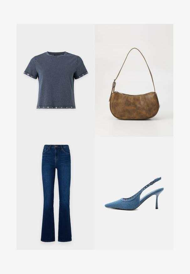 Mørkegrå t-shirt med korte ærmer med metaløjer på ærmer og kant, rund halsudskæring og en afslappet pasform.; Mørkeblå flared jeans lavet af denim med høj talje, der har forlommer, lynlås og subtile syninger.; Blå denim spids tå slingback sko med høj hæl, sølv øjendesign og justerbar spænde.; Brun faux læder skuldertaske med en buet form, en enkelt strop, kontrasterende syninger og en lynlåslukning langs den øverste kant.