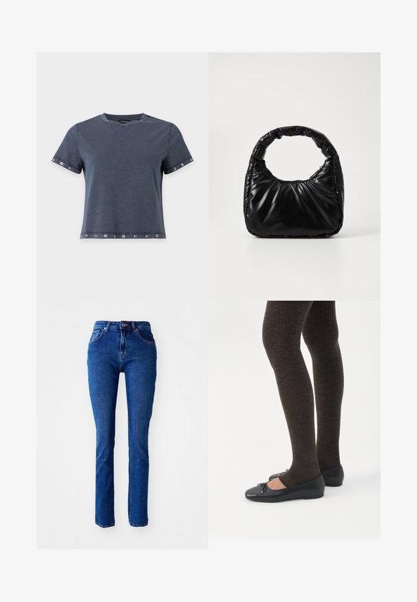 Camiseta de manga corta de color gris oscuro con detalles de ojales metálicos en las mangas y el dobladillo, cuello redondo y ajuste relajado.; Jeans de mezclilla azul con un corte ajustado, cintura alta, piernas rectas y detalles cosidos. Cuenta con un cierre de botón y cremallera. Sin adornos adicionales.; Piernas con leggings oscuros acanalados combinados con bailarinas negras que presentan pequeños detalles de lazo sobre un fondo blanco.; Bolso negro acolchado con un asa redondeada, que presenta una superficie lisa y brillante y una textura suave y acolchada. Sin herrajes ni acentos visibles.