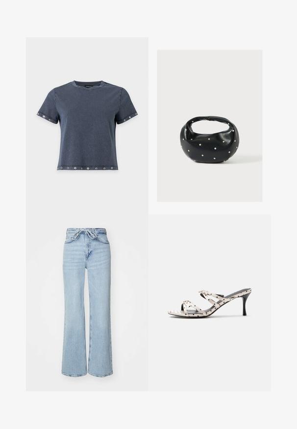 Mørkegrå t-shirt med korte ærmer med metaløjer på ærmer og kant, rund halsudskæring og en afslappet pasform.; Lys blå denimjeans med bred benlængde, høj talje og snørelukning. Har en tekstureret overflade og rå kant.; Hvid åben tå hælsandal med sorte polkaprikker og tynde krydsede remme på en sort stilet hæl.; Sort læderhåndtaske med en rundet form, dekoreret med sølvnitter, og et kort håndtag. Glat tekstur og lynlåslukning.