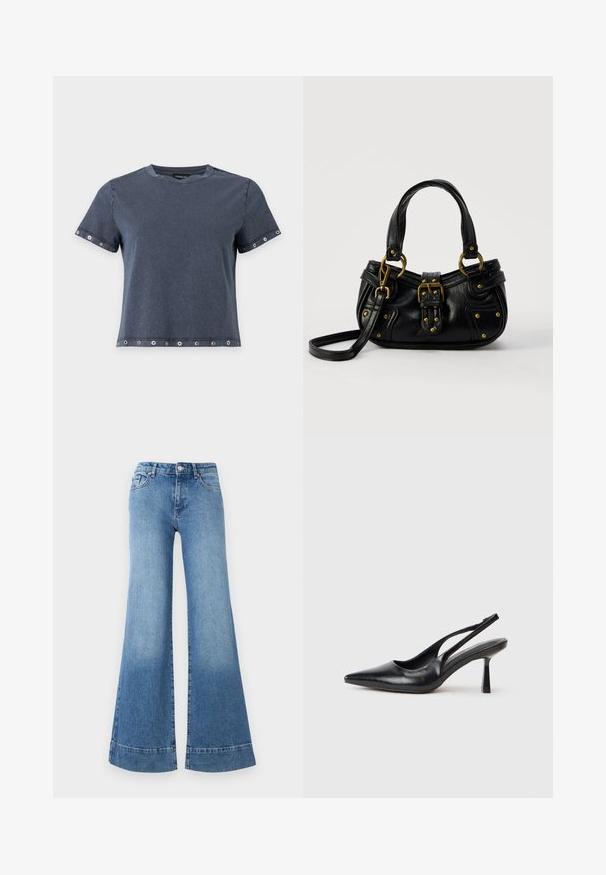 Donkergrijze T-shirt met korte mouwen en metalen oogjes op mouwen en zoom, ronde hals en een relaxte pasvorm.; Lichtblauwe denim flared jeans met een hoge taille, wijd uitlopende benen en een lichte vervaging. Heeft een klassiek vijf-pocket ontwerp en een metalen knoopsluiting.; Zwarte leren slingback hoge hak schoenen met puntige neus en slanke hak op een witte achtergrond.; Zwarte leren handtas met gouden gesp en klinknagel details, korte handvatten en een verstelbare schouderriem op een effen witte achtergrond.