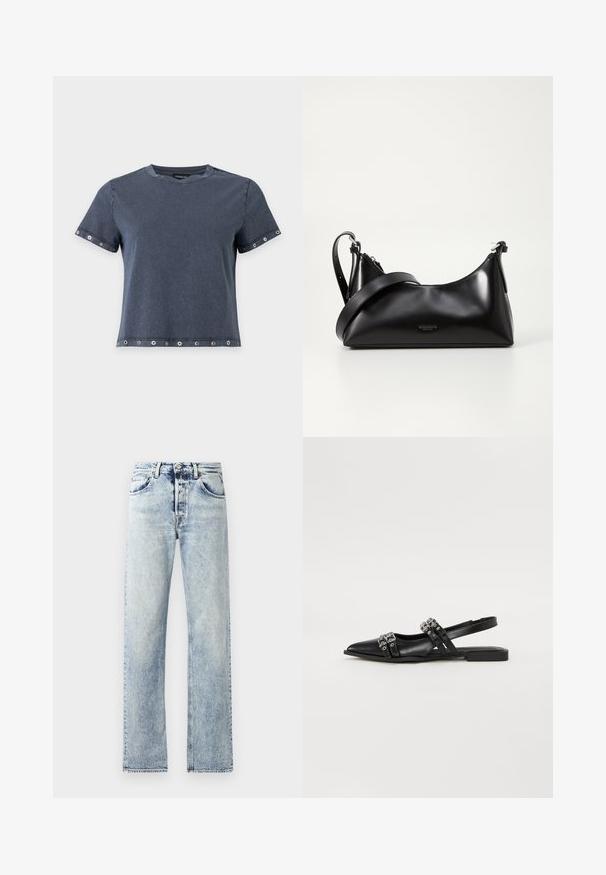 Donkergrijze T-shirt met korte mouwen en metalen oogjes op mouwen en zoom, ronde hals en een relaxte pasvorm.; Lichtblauwe denim jeans met een rechte pijp design. Kenmerken zijn onder andere vijf zakken, riemlussen en een rafelige zoom aan de onderkant.; Even&Odd by Zalando Slingback ballerina´s - black; Zwarte leren handtas met een gladde textuur. Beschikt over een verstelbare schouderband en een strak, minimalistisch ontwerp met een ritssluiting.