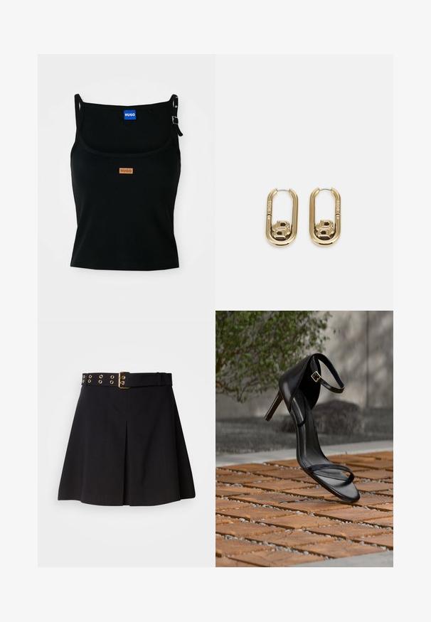 Zwarte geribbelde tanktop met dunne banden, voorzien van een bruine leren logo-label aan de voorkant en een metalen clip-detail op één band.; Zwarte geplisseerde rok met een brede riem met gouden metalen hardware en oogjes, gemaakt van soepel materiaal, ontworpen voor een getailleerde pasvorm.; Zwarte hoge hak sandaal met enkelbandje zweeft boven een houten tegelvloer buiten, met een onscherpe groene en stenen achtergrond.; BOSS DOUBLE B SWING - Oorbellen - gold-coloured