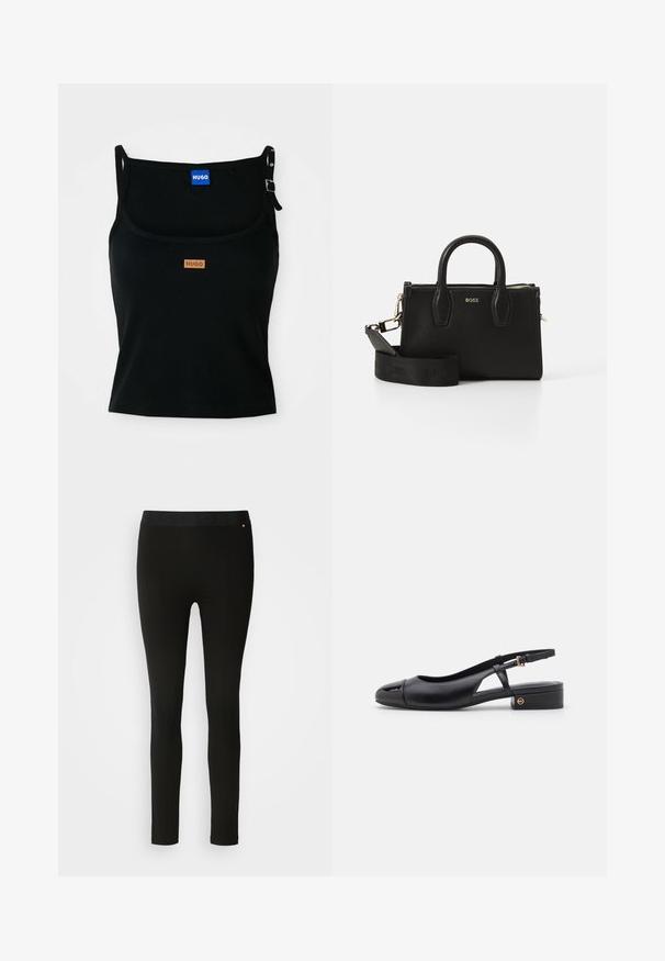 Schwarzes geripptes Tanktop mit dünnen Trägern, versehen mit einem braunen Lederlogo-Patch auf der Vorderseite und einem metallenen Clip-Detail an einem Träger.; Schwarze Leggings mit glatter Textur, ausgestattet mit einem flexiblen Bund und dezenten Nahtdetails. Keine Muster oder Hardware vorhanden.; Schwarze Leder-Slingback-Schuhe mit runder Zehenpartie, niedrigem Blockabsatz und einem seitlichen Ausschnittdesign mit goldfarbener Akzentuierung.; Schwarze Lederhandtasche mit zwei oberen Griffen, goldenen Beschlägen und einem abnehmbaren Schultergurt mit eingeprägtem Branding. Glatte Textur und kompakte Form.