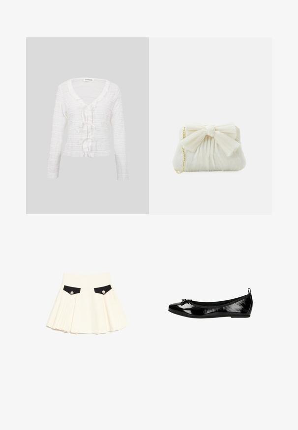 Cardigan blanc à manches longues avec des rayures horizontales en dentelle et trois nœuds attachés sur le devant, doté d'un col arrondi.; Jupe plissée crème avec rabats de poche avant noirs, chacun fixé par un seul bouton décoratif argenté.; Ballerines en cuir verni noir avec un bout rond et un accent de nœud. Elles disposent d'une semelle flexible et d'un élastique autour de l'ouverture pour plus de confort.; Sac à main plissé blanc avec un nœud proéminent et une chaîne dorée. Texture douce avec un design froncé à l'avant.