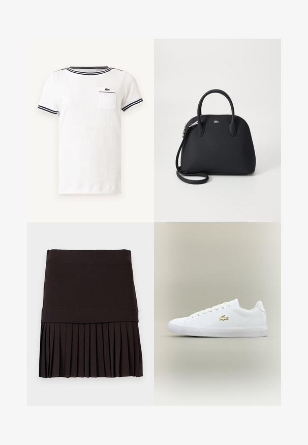 Chemise en maille blanche à manches courtes avec bordure rayée marine au col et aux manches, avec une petite poche poitrine arborant un logo crocodile vert.; Jupe noire avec une large ceinture et une partie inférieure plissée, étalée à plat sur un fond blanc.; Baskets blanches en cuir lisse avec un embout arrondi, des lacets plats et un petit logo doré. Présente une semelle en caoutchouc texturée et un design sobre.; Sac à main noir en matériau texturé, doté de deux poignées supérieures et d'une bandoulière amovible, avec un accent logo en argent.