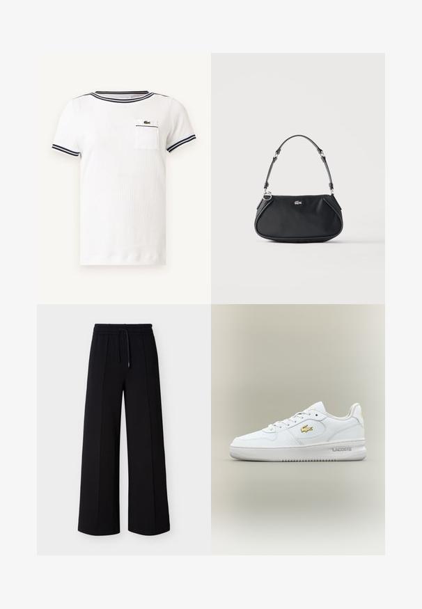 Chemise en maille blanche à manches courtes avec bordure rayée marine au col et aux manches, avec une petite poche poitrine arborant un logo crocodile vert.; Pantalon noir à jambes larges en tissu doux, doté d'une ceinture élastique avec cordon de serrage et de coutures latérales pour une coupe décontractée.; Baskets Lacoste basses blanches avec logo doré sur le côté, lacets blancs et semelle en caoutchouc sur un fond neutre.; Sac d'épaule noir avec sangle réglable, fermeture éclair et petit logo crocodile argenté au centre devant.