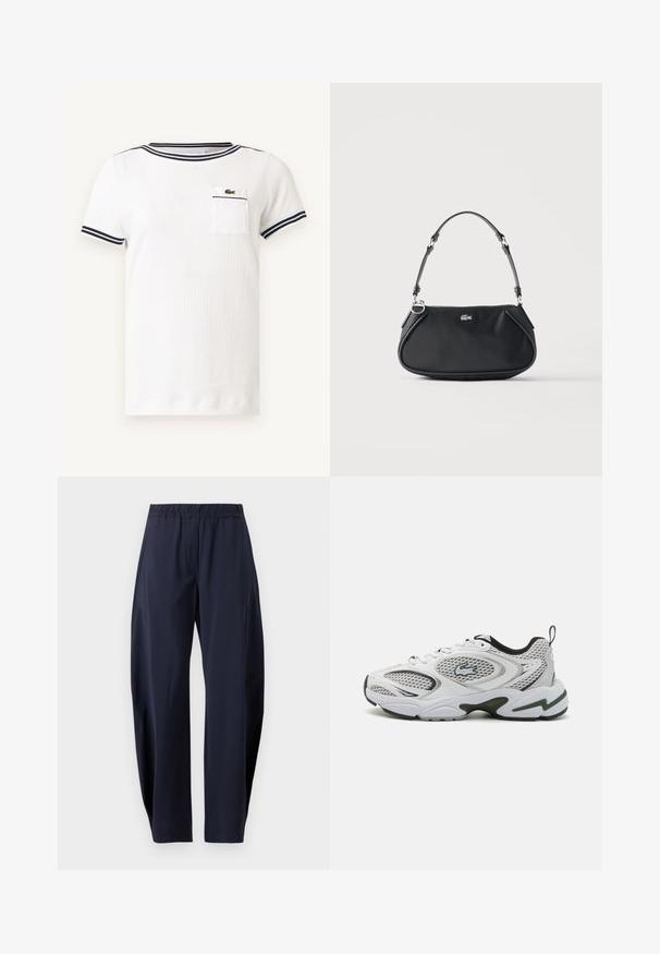 Camiseta de punto blanca de manga corta con ribete de rayas azul marino en el cuello y las mangas, con un pequeño bolsillo en el pecho con logo de cocodrilo verde.; Pantalones azul marino de corte recto con cintura elástica y bolsillos laterales, mostrados sobre un fondo blanco.; Zapatillas deportivas blancas con paneles de malla, acentos en negro y una suela texturizada. Presentan un diseño elegante y un logotipo prominente en el lateral.; Bolso de hombro negro con correa ajustable, cierre de cremallera y pequeño logo plateado de cocodrilo en el centro delantero.