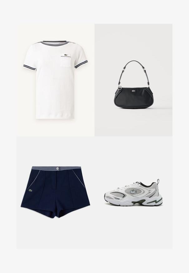 Camiseta de punto blanca de manga corta con ribete de rayas azul marino en el cuello y las mangas, con un pequeño bolsillo en el pecho con logo de cocodrilo verde.; Pantalones cortos azul marino con cinturilla de rayas blancas, botón de presilla en la parte delantera, bolsillos laterales con ribete blanco y pequeño logo verde de cocodrilo en el lado izquierdo.; Zapatillas deportivas blancas con paneles de malla, acentos en negro y una suela texturizada. Presentan un diseño elegante y un logotipo prominente en el lateral.; Bolso de hombro negro con correa ajustable, cierre de cremallera y pequeño logo plateado de cocodrilo en el centro delantero.