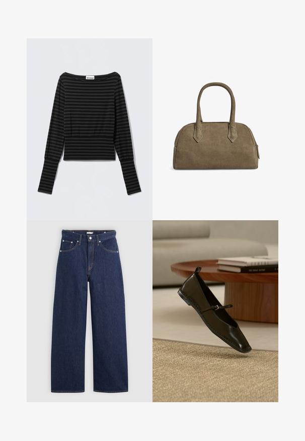 Sort langærmet top med tynde vandrette grå striber, bådhals, figursyet talje og forlængede manchetter fra mærket Weekday.; Mørkeblå denim brede ben jeans med høj talje, der har fem lommer, bæltestropper og detaljer med kobber stikninger. Glat tekstur.; Sort Mary Jane flad sko i læder, svævende over et beige vævet tæppe med et rundt træbord og stablede bøger i baggrunden.; Tan ruskinds håndtaske med rund form, dobbelte håndtag og trekantede detaljer. Har lynlåslukning og glat tekstur. Kompakt design.