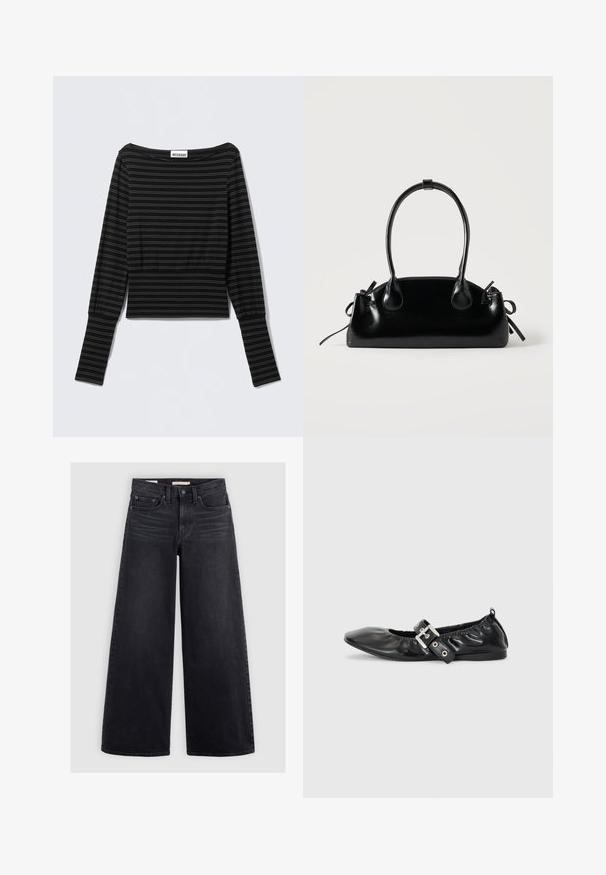 Schwarzes Langarmshirt mit horizontalen, dünnen grauen Streifen, Bootsausschnitt, tailliertem Schnitt und verlängerten Manschetten von der Marke Weekday.; Schwarze Jeans mit weitem Bein aus Denim, mit hoher Taille, fünf Taschen und dezenten Verwaschungen an der Vorderseite.; Schwarze Leder-Ballerinas mit spitzem Zehenbereich, gerafften Details am Schaft und einem silbernen Schnallenakzent am verstellbaren Riemen.; Kleine schwarze glänzende Handtasche mit zwei langen Griffen und seitlichen Kordelzug-Details vor einfachem hellem Hintergrund.
