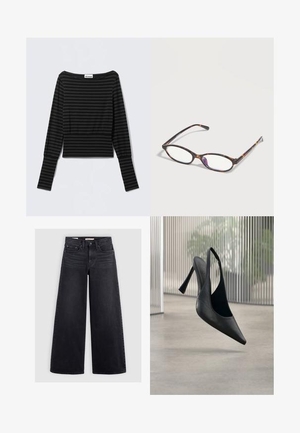 Zwart shirt met lange mouwen en horizontale dunne grijze strepen, bootnek, aangesloten taille en verlengde manchetten van het merk Weekday.; Zwart denim met wijde pijpen, met een hoge taille, vijf zakken en subtiele vervaging aan de voorkant.; Zwart leren slingback stiletto hak met puntige neus, zwevend boven een gladde betonnen vloer en verticale metalen paneel achtergrond.; Rechthoekige bril met schildpadmotief, dunne monturen en heldere glazen, rustend op een lichte ondergrond.