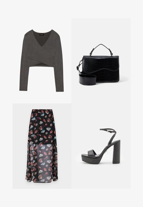 Grå langærmet crop top med en indviklet design og v-udskæring, der har glat stof og subtile syningsdetaljer. Mærkeetiket synlig indeni.; Sort, gennemsigtig maxiskirt med elastisk talje, der har et flerfarvet skald- og sommerfuglemønster. Letvægts, svævende stof.; Sorte platform højhælede sandaler med åben tå, bred forreste rem og justerbar ankelrem. Glat læderfinish og chunky blokhæle.; Sort faux læder crossover taske med et tekstureret krokodillemønster, en top-håndtag og en justerbar rem. Egenskab: buet klaplukning.
