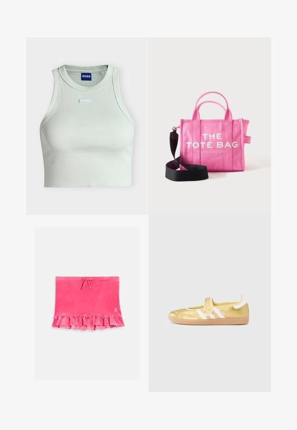 Hellgrünes, geripptes ärmelloses Crop-Top mit hohem Ausschnitt und kleinem "HUGO"-Label auf der Brust und innen am Kragen.; Roter Samtenenrock mit Rüsche am Saum, Kordelzugbund und silbernen Akzenten. Weiche Textur mit einem lässigen Design.; Goldfarbener Sneaker mit weißen Streifen und einem Klettverschluss. Glatte metallische Oberfläche, runde Zehenpartie und strukturierte Gummisohle.; Rosa Canvas-Tragetasche mit zwei Henkeln und einem schwarzen verstellbaren Schulterriemen, Text "THE TOTE BAG MARC JACOBS" auf der Vorderseite.