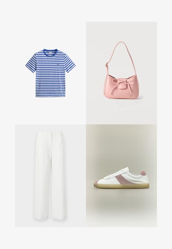 T-shirt à manches courtes à rayures horizontales bleu et blanc, col rond et petit logo brodé sur la poitrine.; Pantalons blancs à jambes larges avec une texture lisse, présentant un devant plat et des plis marqués. Fabriqués en tissu léger, sans motifs visibles.; Baskets basses blanches avec des accents en daim rose sur le côté, le talon et l'avant-pied, avec des lacets blancs et une semelle beige sur un fond neutre.; Petit sac bandoulière rose pastel avec sangle réglable et détail nœud à l'avant avec extrémités dorées sur un fond uni.