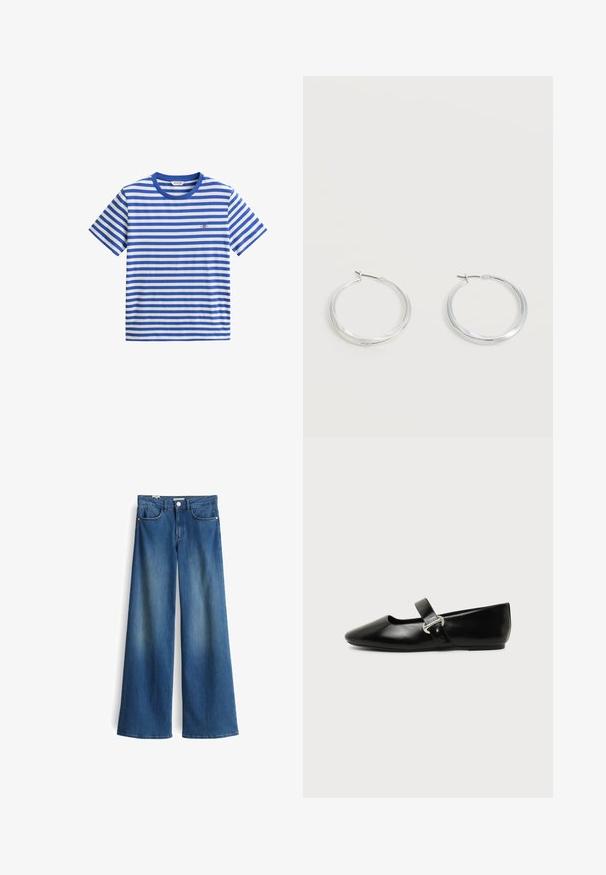Blau-weiß gestreiftes T-Shirt mit kurzen Ärmeln, rundem Ausschnitt und kleinem besticktem Logo auf der Brust.; Weite Jeans aus Denim in Mittelblau mit glatter Textur. Verfügt über zwei Fronttaschen und einen klassischen Knopfverschluss in der Taille.; Schwarzer Ledermary-Jane-Flachschuh mit abgerundetem Zehenbereich und silberner Schnalle auf einfachem Hintergrund.; Silberne Metallcreolen mit glatter, leicht gebogener Oberfläche und Klappverschluss vor schlicht weißem Hintergrund.