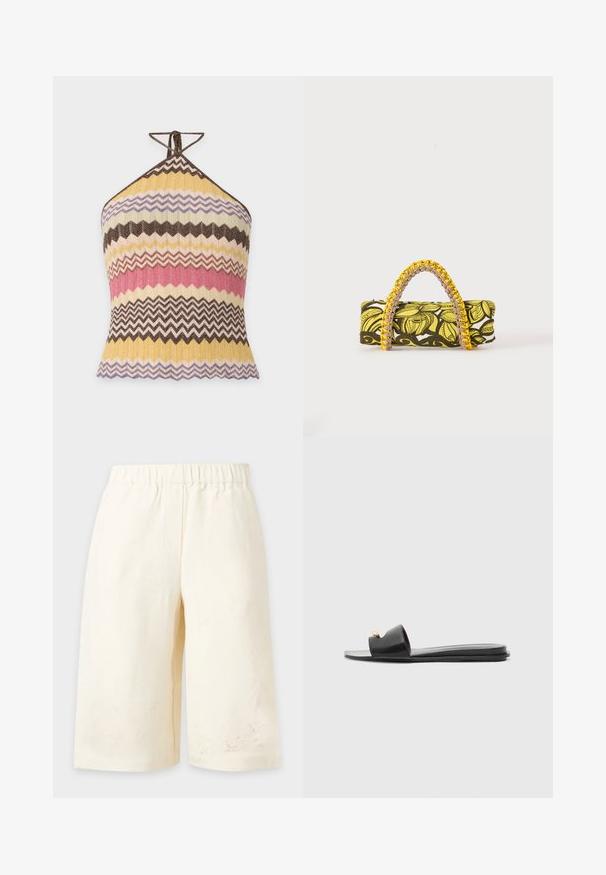 Top dos nu en maille avec des rayures zigzag multicolores en marron, jaune, violet, rose et crème, noué au cou avec de fines bretelles.; Shorts couleur crème longueur genoux avec ceinture élastique et broderie florale subtile près de l'ourlet sur fond uni.; Sandales noires à glissière avec un large dessus, texture en cuir lisse, design à bout ouvert et détail doré sur la sangle. Semelle plate.; Sac rectangulaire avec motif floral jaune et noir et anse tressée jaune et rose sur fond blanc.