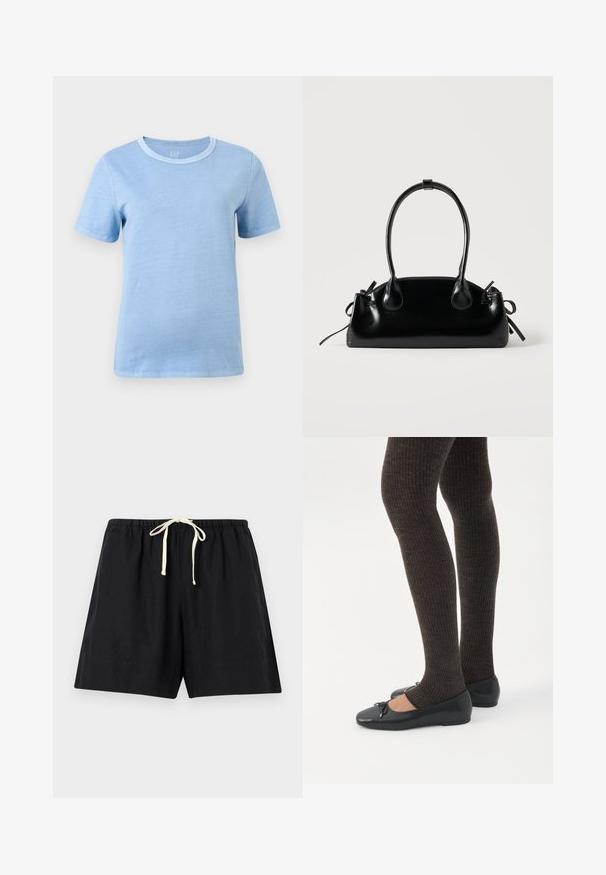 T-shirt bleu clair à manches courtes et col rond, avec un col bleu légèrement plus foncé, présenté sur un fond blanc uni.; Shorts noirs décontractés avec taille élastique et cordon de serrage blanc, posés à plat sur un fond gris clair.; Jambes portant des leggings côtelés foncés associés à des ballerines noires avec de petits détails en nœud sur fond blanc.; Petit sac à main noir brillant avec deux longues anses et des détails à cordon sur les côtés sur un fond clair uni.