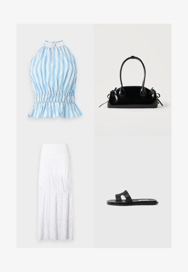 Top halter de rayas azules y blancas con escote recogido, cintura elástica y dobladillo con volantes. Hecho de una tela ligera con un acabado texturizado.; Falda larga blanca de volantes hecha de tela ligera. Cuenta con una cinturilla elástica y una textura sutil con costuras horizontales.; Sandalia plana negra con dos correas anchas, un detalle de corte en una de las correas y un acabado mate suave. Suela delgada y flexible.; Pequeño bolso negro brillante con dos asas largas y detalles de cordón lateral sobre un fondo claro liso.