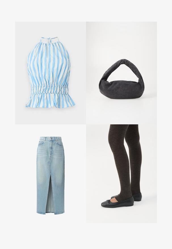 Modrá a biela pruhovaná top s halter strihom, so z gathered bodicou, elastickým pásom a riaseným lemom. Vyrobené z ľahkého materiálu s textúrovaným povrchom.; Svetlomodrá džínsová sukňa s predným rozparkom, piatimi vreckami a pútkami na opasok. Vyrobená z bavlny s hladkou textúrou a miernym vyblednutím.; Nohy v tmavých pásikavých legínach v kombinácii s čiernymi balerínkami s malými mašličkami na bielom pozadí.; Tmavošedá látková taška s zakrivenou rúčkou, jemnou textúrou a zaobleným tvarom. Bez viditeľného hardvéru alebo ozdôb.